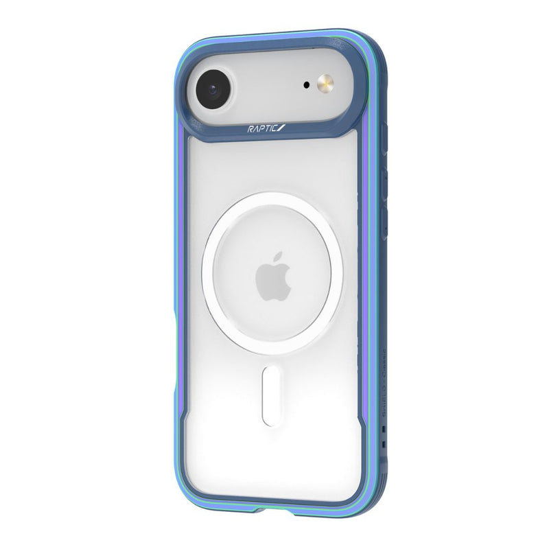 The Raptic Shield iPhone 17 case in blue and clear fits the device snugly, displaying the Apple logo and a raised camera bump, while offering military-grade shockproof protection and MagSafe compatibility.