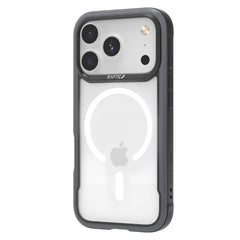 An iPhone 17 in a clear Raptic Shield Case by Raptic, with black edges, military-grade shockproof protection, a visible Apple logo, and MagSafe ring on the back.