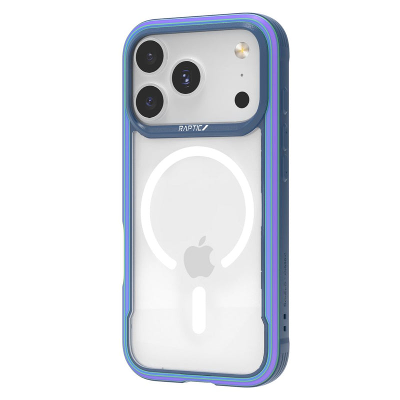 An iPhone 17 in a blue and purple Raptic Shield military-grade shockproof case with a MagSafe ring and three rear cameras.