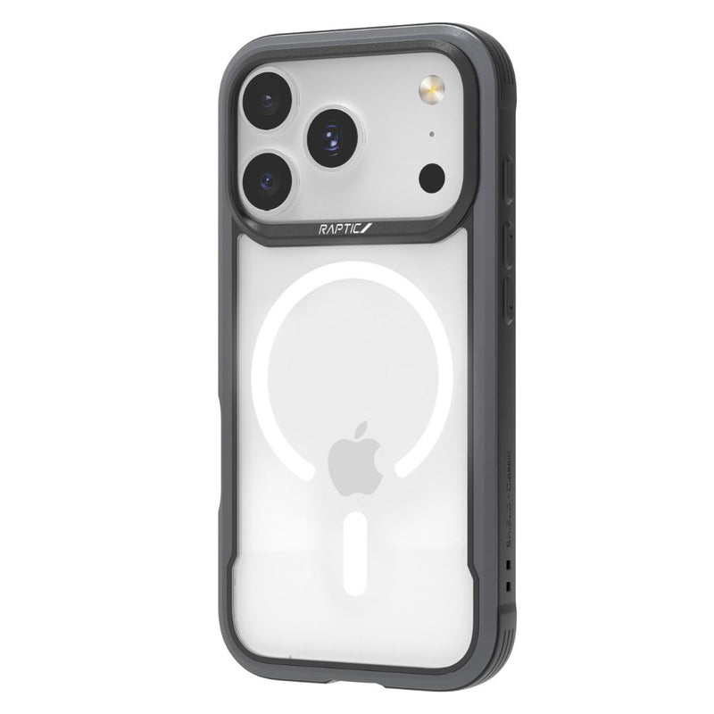 The Raptic Shield iPhone 17 case showcases your phone’s Apple logo and MagSafe ring, highlights three camera lenses with flash, and delivers military-grade shockproof protection.