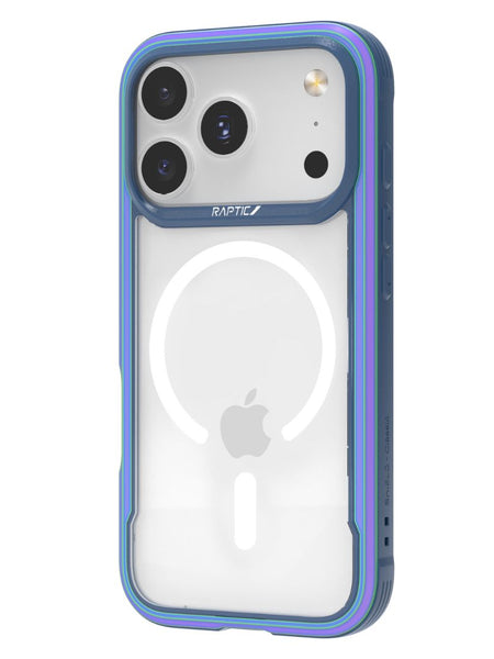 A clear blue military-grade Raptic iPhone 17 Shield Case protects a white iPhone 17 with three rear cameras and a visible MagSafe charging ring.