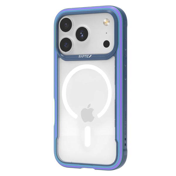 A clear blue military-grade Raptic iPhone 17 Shield Case protects a white iPhone 17 with three rear cameras and a visible MagSafe charging ring.