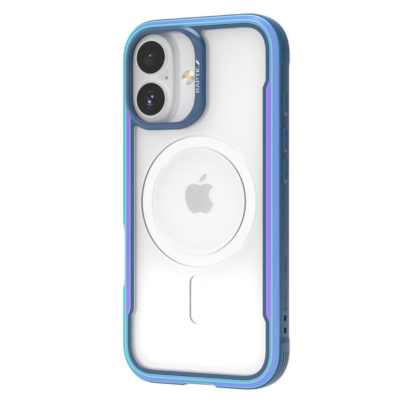 The iPhone 17 Shield Case by Raptic is a clear and blue MagSafe-compatible case with military-grade shockproof protection, showing off the Apple logo and dual rear cameras.