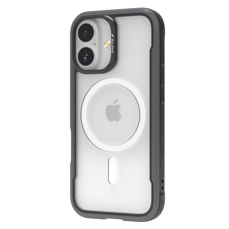 The Raptic iPhone 17 Shield Case features black edges, a clear design highlighting dual rear cameras, side buttons, and a white MagSafe ring—combining style with smart protection for your iPhone 17.