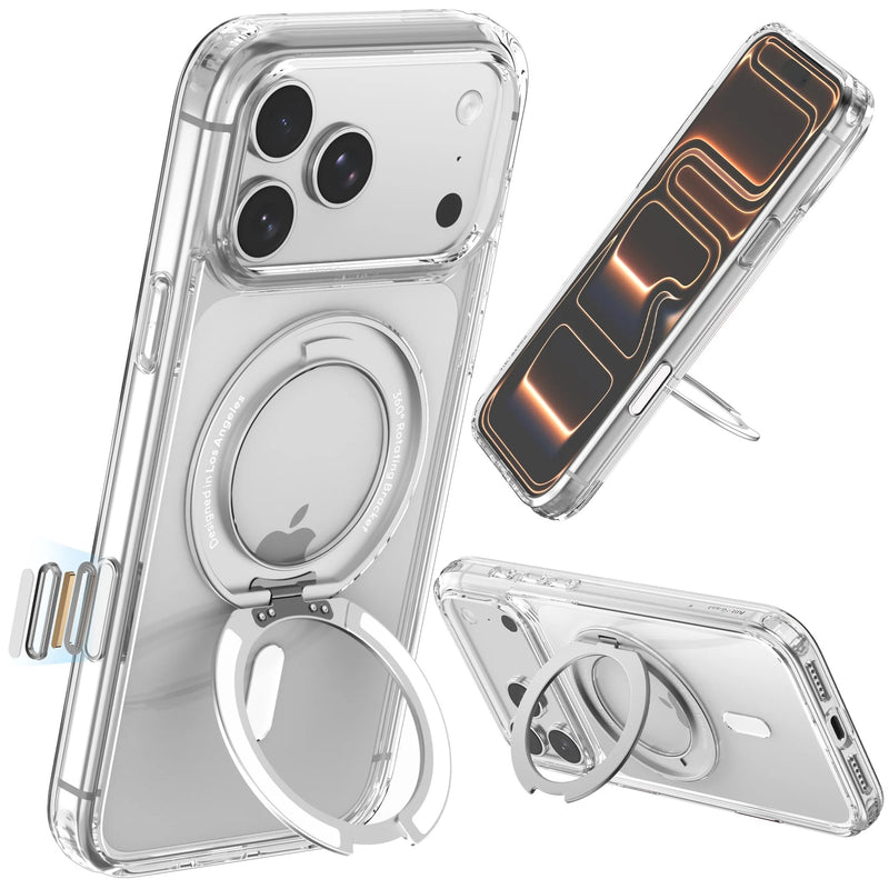 The Raptic iPhone 18 Magnetic KickStand Case - Air Stand is a clear MagSafe-compatible case featuring a built-in metal ring stand and magnetic strip, shown on a smartphone from various angles to highlight its integrated kickstand, secure grip features, and military-grade drop protection.