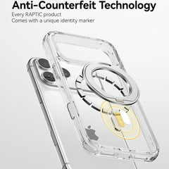 A transparent Raptic iPhone 18 Magnetic KickStand Case - Air Stand, featuring an embedded NFC chip, hovers above a smartphone to demonstrate advanced anti-counterfeit technology. Text highlights the unique identity marker exclusive to Raptic products and showcases military-grade drop protection for enhanced peace of mind.