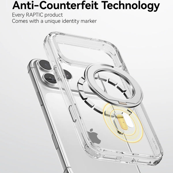 A transparent Raptic iPhone 18 Magnetic KickStand Case - Air Stand, featuring an embedded NFC chip, hovers above a smartphone to demonstrate advanced anti-counterfeit technology. Text highlights the unique identity marker exclusive to Raptic products and showcases military-grade drop protection for enhanced peace of mind.