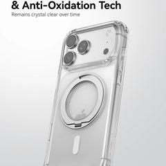 The Raptic iPhone 18 Magnetic KickStand Case - Air Stand is a clear phone case with a built-in MagSafe ring, offering military-grade drop protection and advanced anti-yellowing and anti-oxidation features, with text highlighting its lasting clarity on an iPhone.