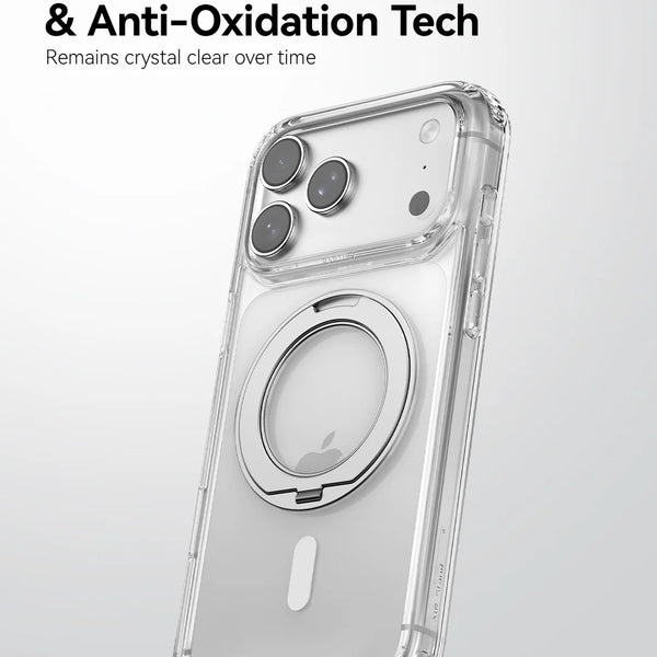 The Raptic iPhone 18 Magnetic KickStand Case - Air Stand is a clear phone case with a built-in MagSafe ring, offering military-grade drop protection and advanced anti-yellowing and anti-oxidation features, with text highlighting its lasting clarity on an iPhone.