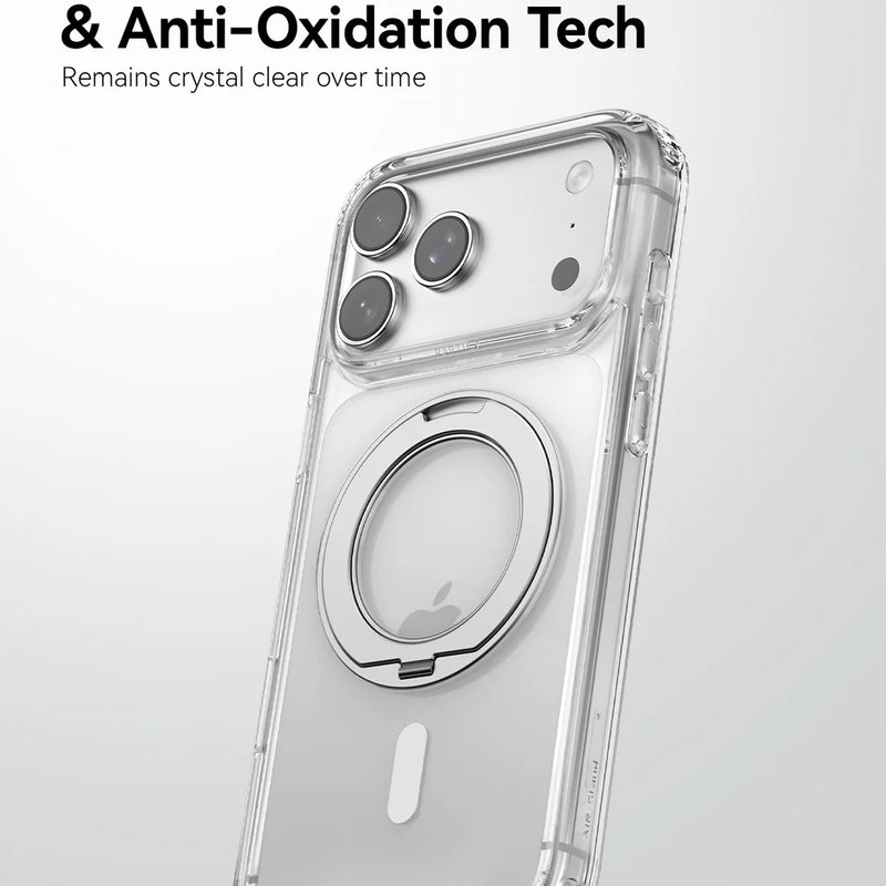 The Raptic iPhone 18 Magnetic KickStand Case - Air Stand is a clear phone case with a built-in MagSafe ring, offering military-grade drop protection and advanced anti-yellowing and anti-oxidation features, with text highlighting its lasting clarity on an iPhone.