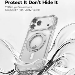 Raptic iPhone 18 Magnetic KickStand Case – Air Stand showcased on an abstract, wavy background, featuring highlighted text about its exceptional clarity, superior light transmittance, and military-grade drop protection for extra reassurance.