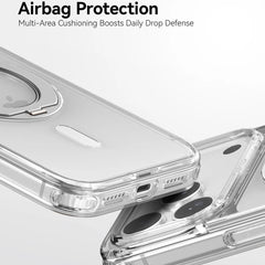 Two clear iPhone 18 Magnetic KickStand Cases - Air Stand by Raptic are shown, featuring AirGuard™ four-corner airbag protection and military-grade drop defense for enhanced impact protection.