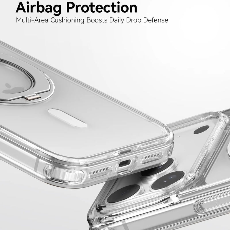 Two clear iPhone 18 Magnetic KickStand Cases - Air Stand by Raptic are shown, featuring AirGuard™ four-corner airbag protection and military-grade drop defense for enhanced impact protection.