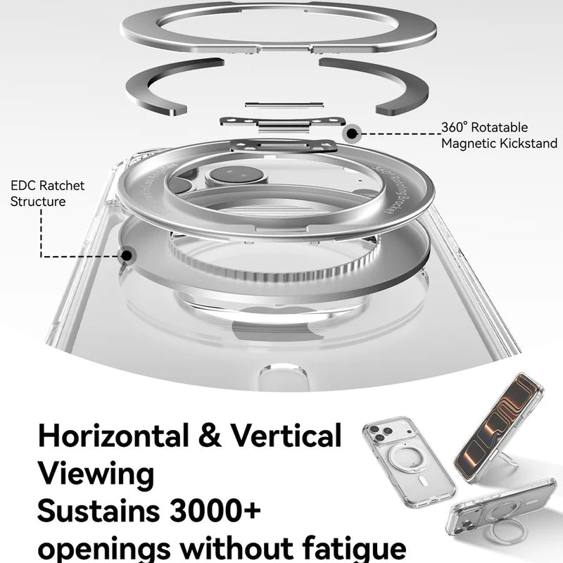 Exploded view of the Raptic iPhone 18 Magnetic KickStand Case - Air Stand, highlighting its 360° rotatable built-in kickstand with an EDC ratchet structure and emphasizing military-grade drop protection, engineered for over 3000 openings in both orientations.