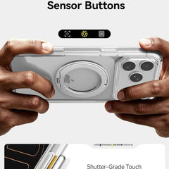 Hands holding a smartphone with the Raptic iPhone 18 Magnetic KickStand Case - Air Stand, showcasing self-developed ice-ceramic sensor buttons for shutter-grade touch and fingertip zoom control.