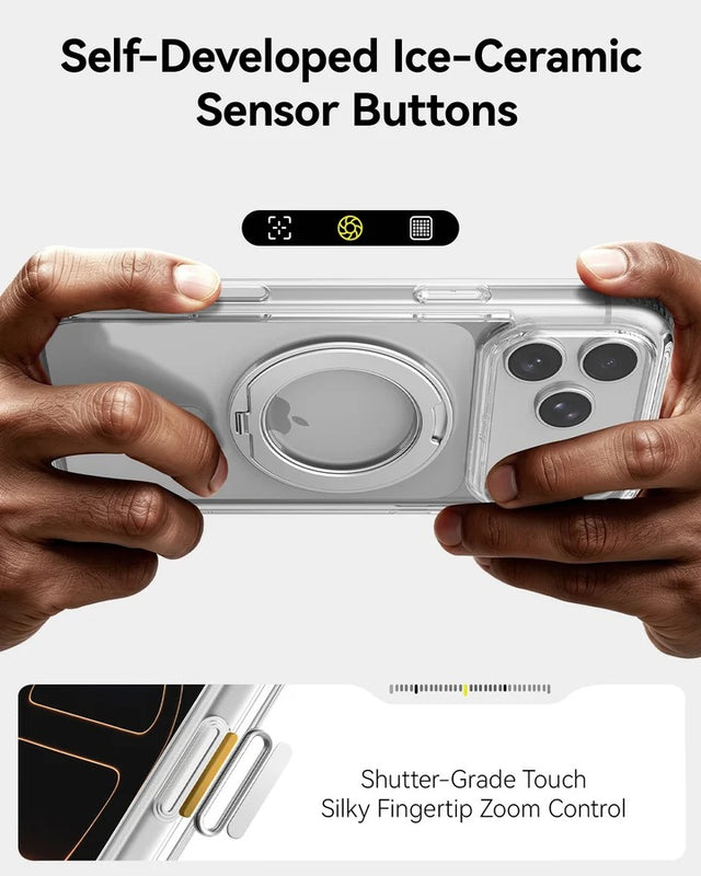 Hands holding a smartphone with the Raptic iPhone 18 Magnetic KickStand Case - Air Stand, showcasing self-developed ice-ceramic sensor buttons for shutter-grade touch and fingertip zoom control.