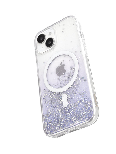 The iPhone 15 Starburst Glitter MagSafe Case - Bryten by Raptic not only features a stunning purple glitter design, but it is also compatible with MagSafe technology for seamless wireless charging.