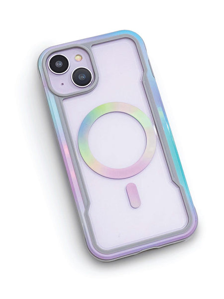 A iPhone 15 in a clear iridescent Raptic Shield 2.0 case featuring a circular design around the camera lenses, isolated on a white background.