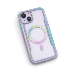 A iPhone 15 in a clear iridescent Raptic Shield 2.0 case featuring a circular design around the camera lenses, isolated on a white background.