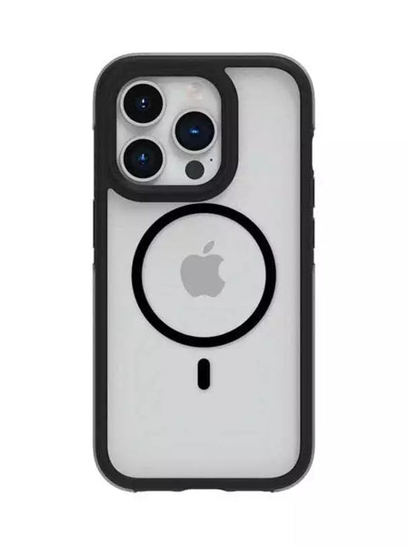 The Raptic iPhone 15 Pro Max Case - Air+ has a transparent design, showcasing the Apple logo and MagSafe circular pattern with three camera lenses. It features military spec drop protection for peace of mind on the go.