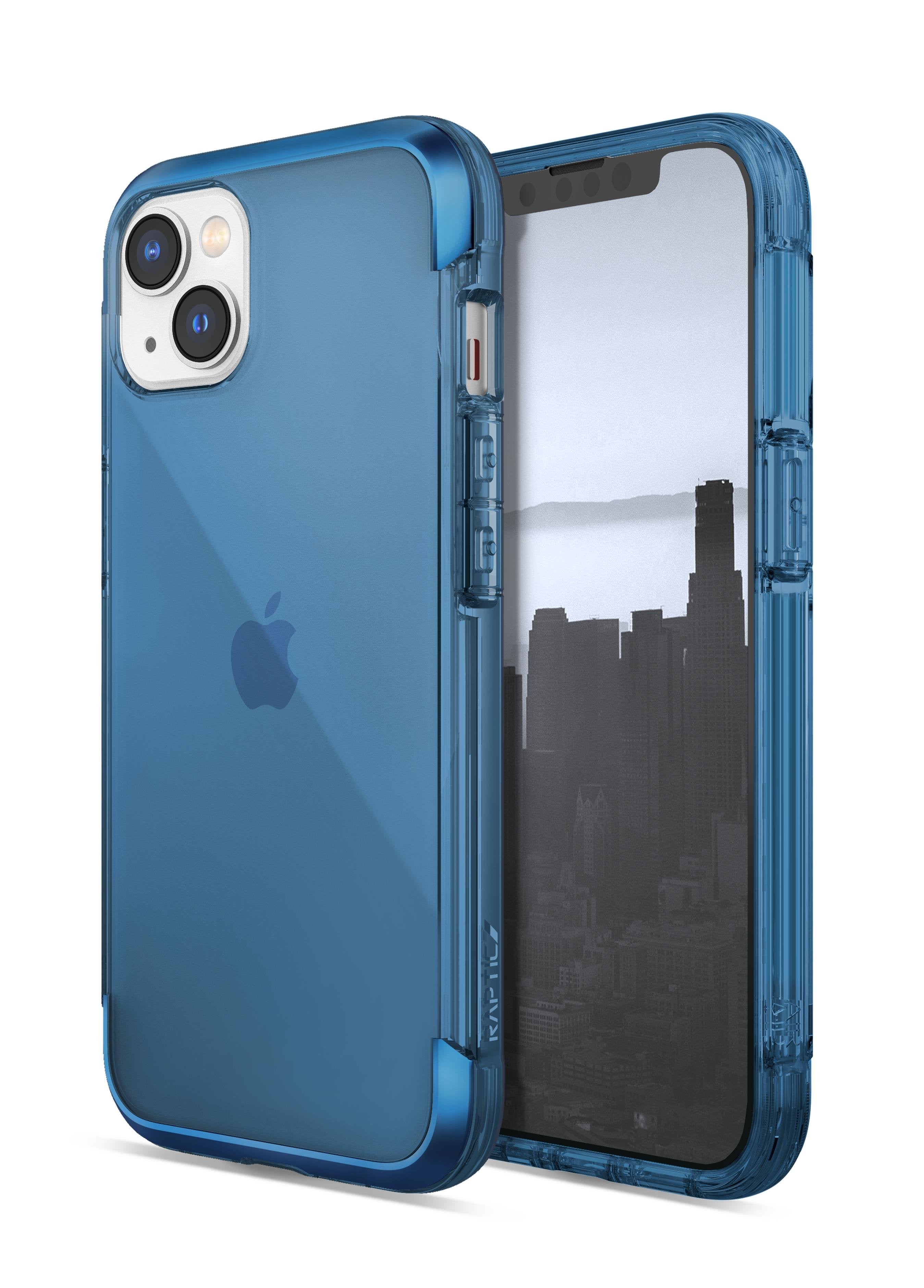 The iPhone 14 Air Case by Raptic, a lightweight blue case with machined metal.