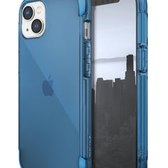 The iPhone 14 Air Case by Raptic, a lightweight blue case with machined metal.