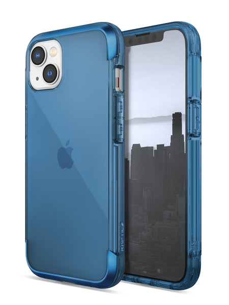 The iPhone 14 Air Case by Raptic, a lightweight blue case with machined metal.