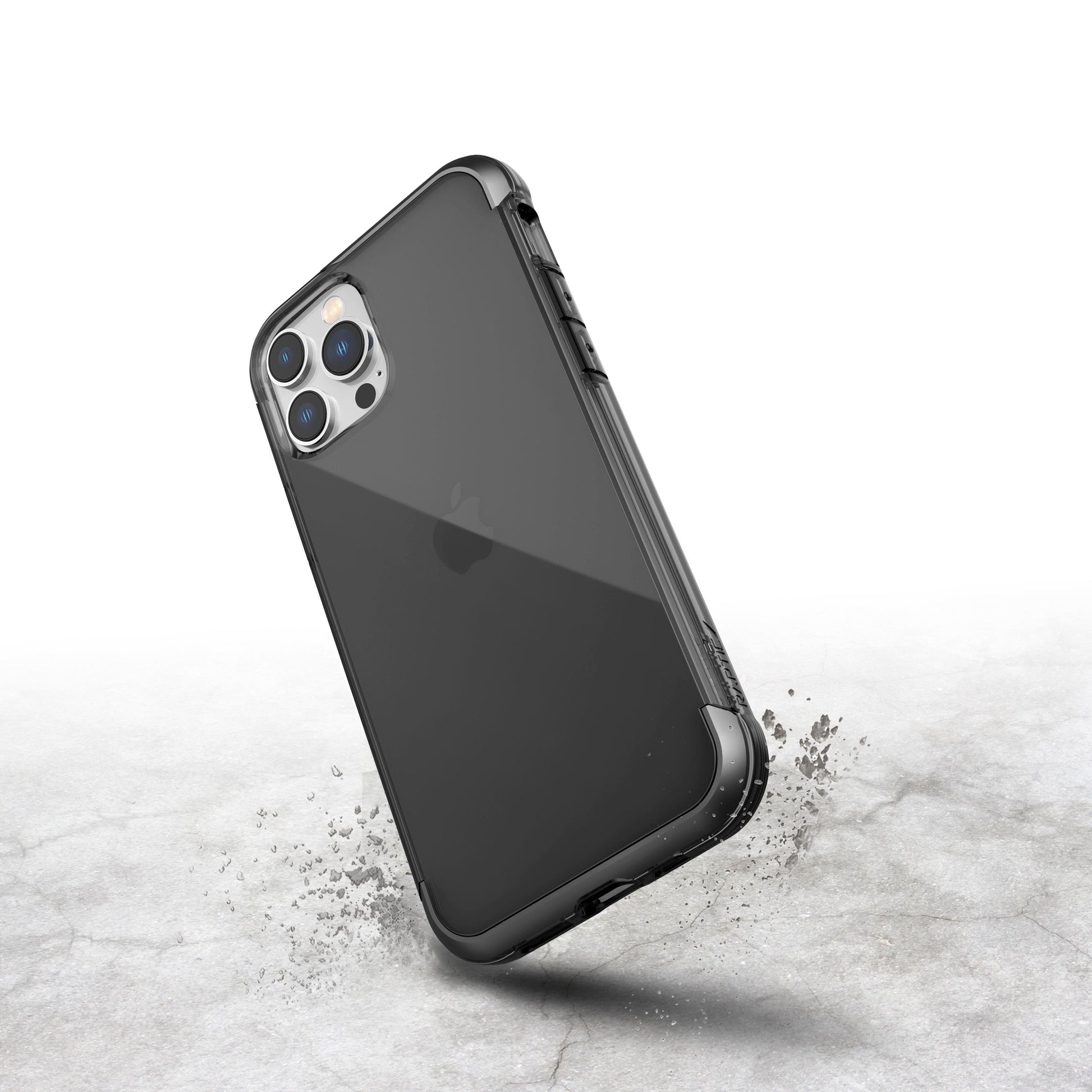 A lightweight Raptic rubber protective case with a splash of water for a black iPhone 11 Pro.