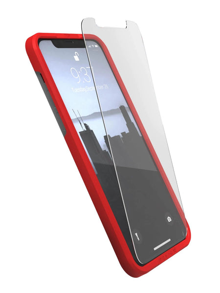 A red aeon - iPhone 14 Full Cover Glass case with a clear screen protector from Raptic.