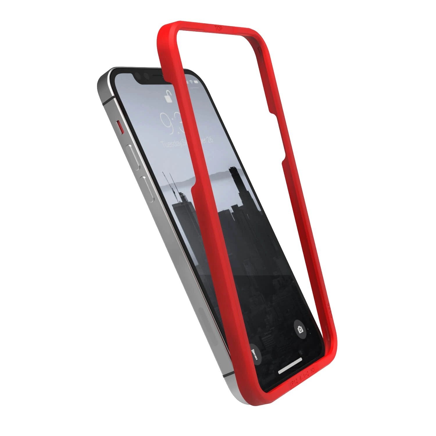 A red Raptic iPhone 14 Full Cover Glass case on a white background.