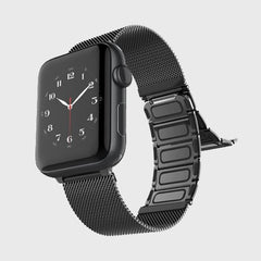A Raptic Apple Watch with a black leather band.