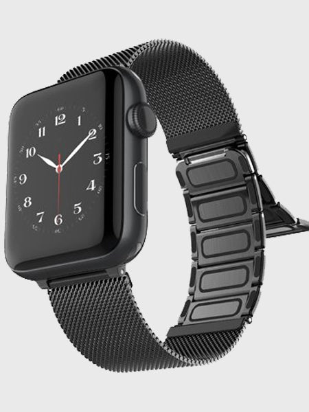 A stylish Raptic Apple Watch with a black mesh Raptic band featuring a magnetic closure.