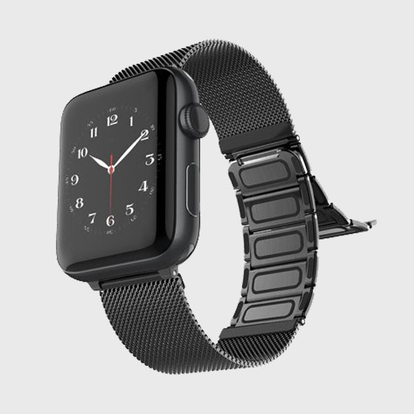 A stylish Raptic Apple Watch with a black mesh Raptic band featuring a magnetic closure.