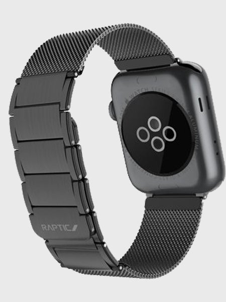 A black stainless steel Raptic Apple Watch 42mm 44mm 45mm Band - CLASSIC PLUS with a magnetic closure band.