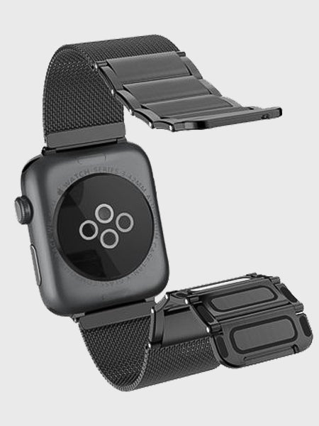 A sleek Raptic Apple Watch 42mm 44mm 45mm Band - CLASSIC PLUS with a black stainless steel mesh band and magnetic closure.