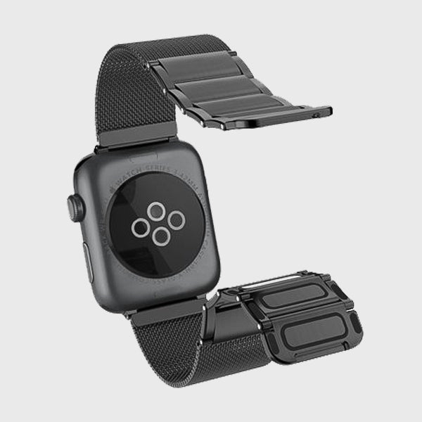 An Apple Watch with a black leather band.
Product Name: Raptic Apple Watch 38mm 40mm 41mm Band - CLASSIC PLUS