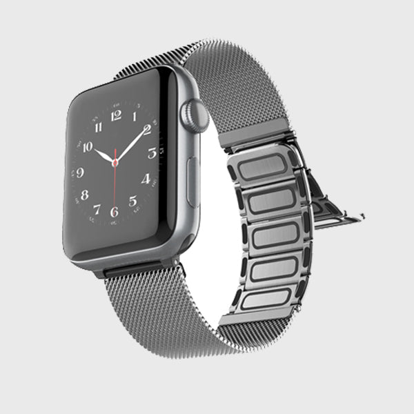 An Raptic Apple Watch with a stainless steel silver mesh band.