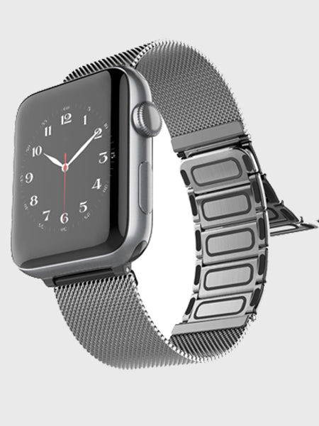 A stainless steel Raptic Apple Watch with a silver mesh band and magnetic closure.
