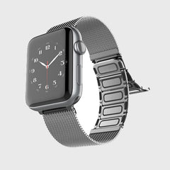 A stainless steel Raptic Apple Watch with a silver mesh band and magnetic closure.