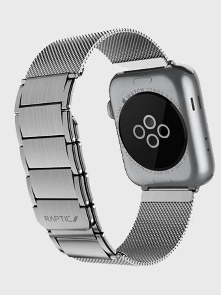 A silver Raptic Apple Watch with a CLASSIC PLUS leather band.