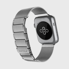 A silver Raptic Apple Watch with a CLASSIC PLUS leather band.
