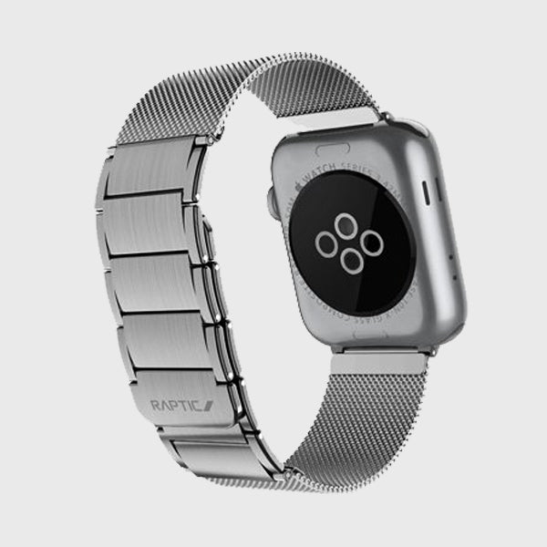 A silver Raptic Apple Watch with a stainless steel Raptic Band - CLASSIC PLUS featuring a magnetic closure.