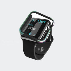 The Raptic Apple Watch 40mm EDGE displays 12:09, has a 7:00 AM alarm, features a black strap and silver side button, and its anodized aluminum case is scratch-protected for durability.