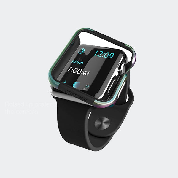 The Raptic Apple Watch 40mm EDGE displays 12:09, has a 7:00 AM alarm, features a black strap and silver side button, and its anodized aluminum case is scratch-protected for durability.