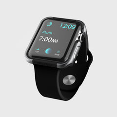 The Raptic Apple Watch 40mm Case - EDGE has an anodized aluminum case and enhanced scratch protection. At 12:09, it shows the time with a 7:00 AM alarm. It includes a sleek black band and a crisp digital display, ensuring you're always on schedule.