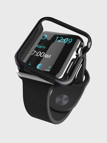 A premium machined anodized aluminum Raptic Apple Watch 44mm Case - EDGE that protects a black Apple Watch is shown on a white background.