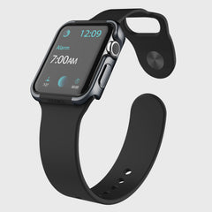 A black Raptic Apple Watch 44mm Case - EDGE with a premium machined anodized aluminum bumper that protects it and an alarm clock on it.