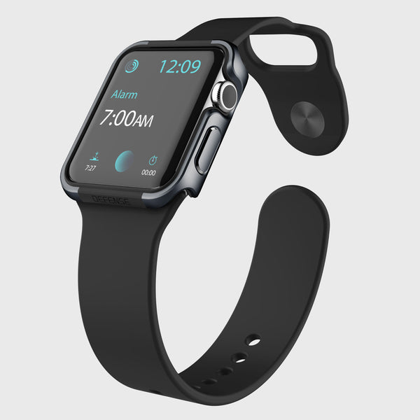 A black Raptic Apple Watch 44mm Case - EDGE with a premium machined anodized aluminum bumper that protects it and an alarm clock on it.