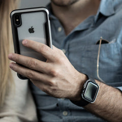 A man and woman using an iPhone protected by a premium, machined, anodized aluminum Raptic Apple Watch 44mm Case - EDGE.