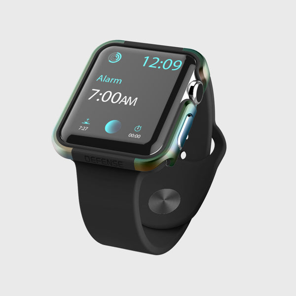 A black Raptic Apple Watch 44mm Case - EDGE with a blue and green watch face, protected by a premium machined anodized aluminum bumper.